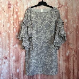 Badgley Mischka Navy Striped Floral Print Tiered Bell Sleeve Boatneck Dress Sz 4